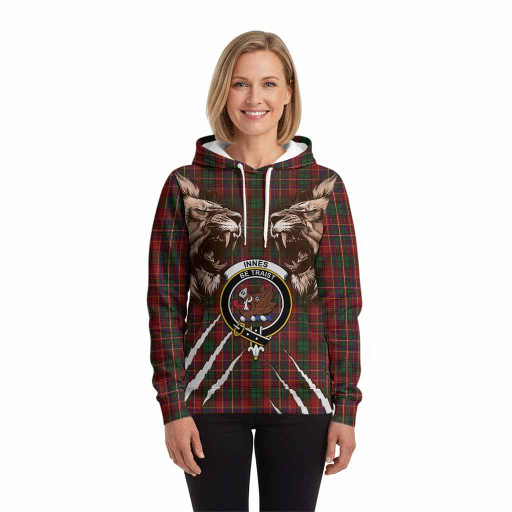 Innes Tartan Crest Hoodie Ferocious Lion Style