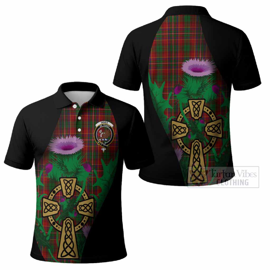 Innes Tartan Crest Polo Shirt Celtic Cross Thistle Flowers