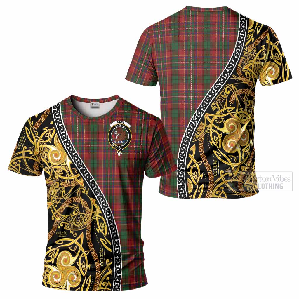 Innes Tartan Crest T-Shirt Celtic Knot and Triple Trickle Spiral Symbols
