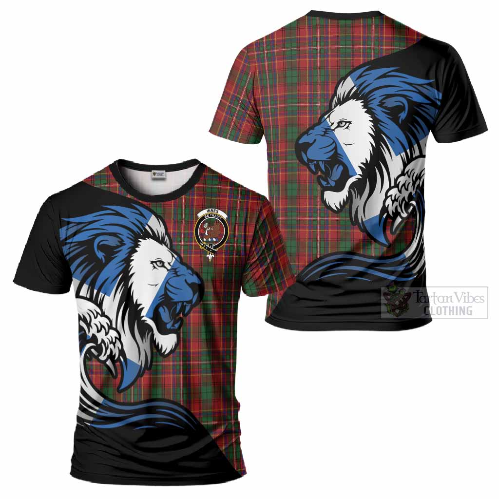 Innes Tartan Crest T-Shirt Scottish Golden Lions Wave Flow