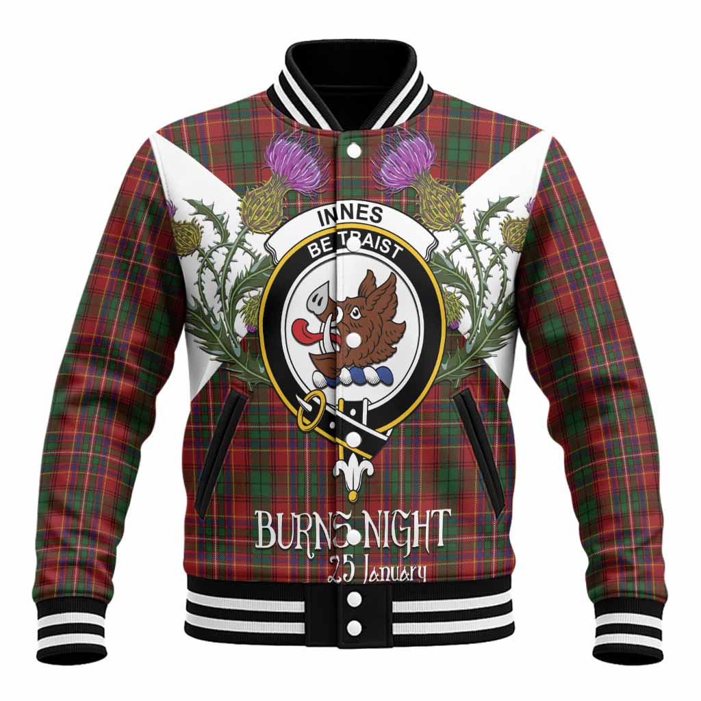 Innes Tartan Family Crest Baseball Jacket Scottish Burns Night Thistle Floral
