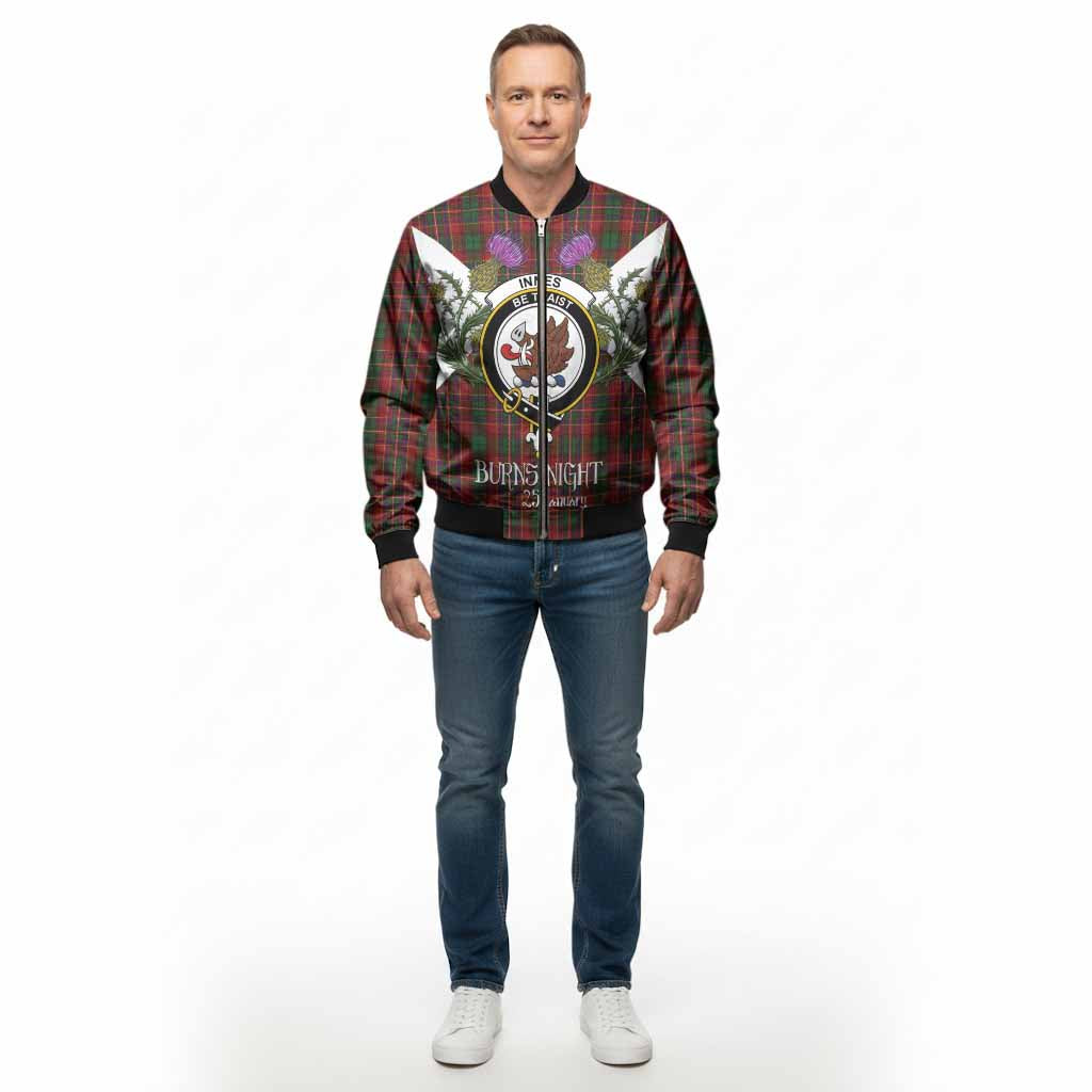 Innes Tartan Family Crest Bomber Jacket Scottish Burns Night Thistle Floral