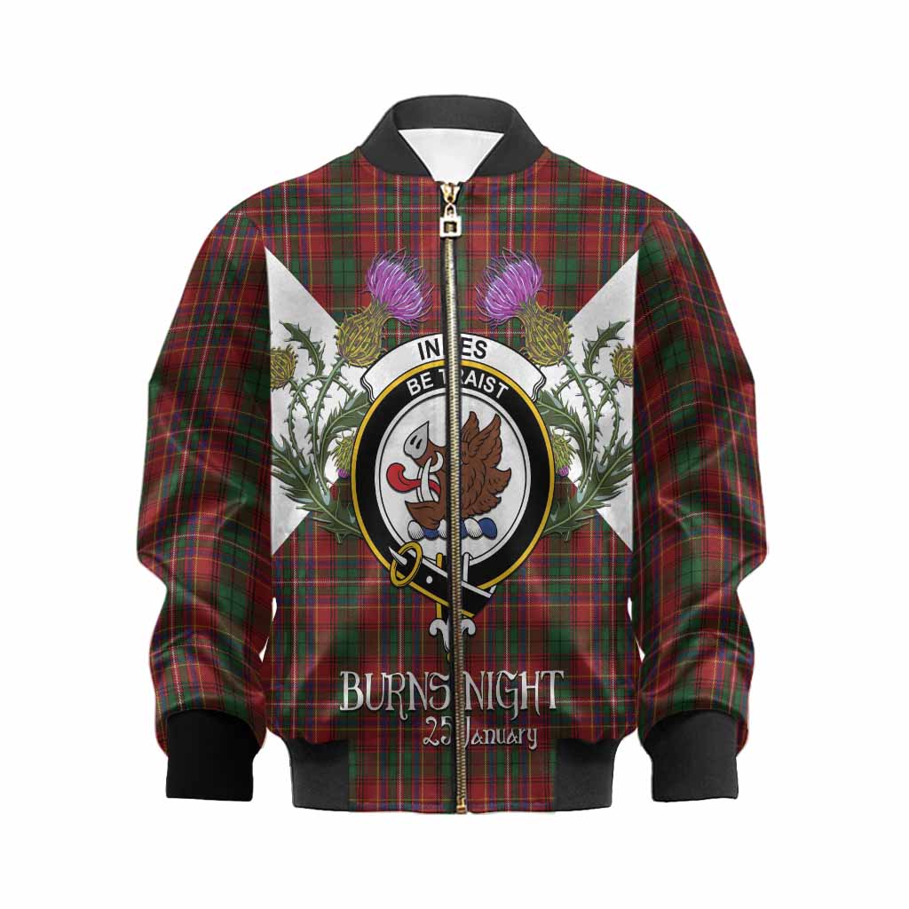 Innes Tartan Family Crest Kid Bomber Jacket Scottish Burns Night Thistle Floral