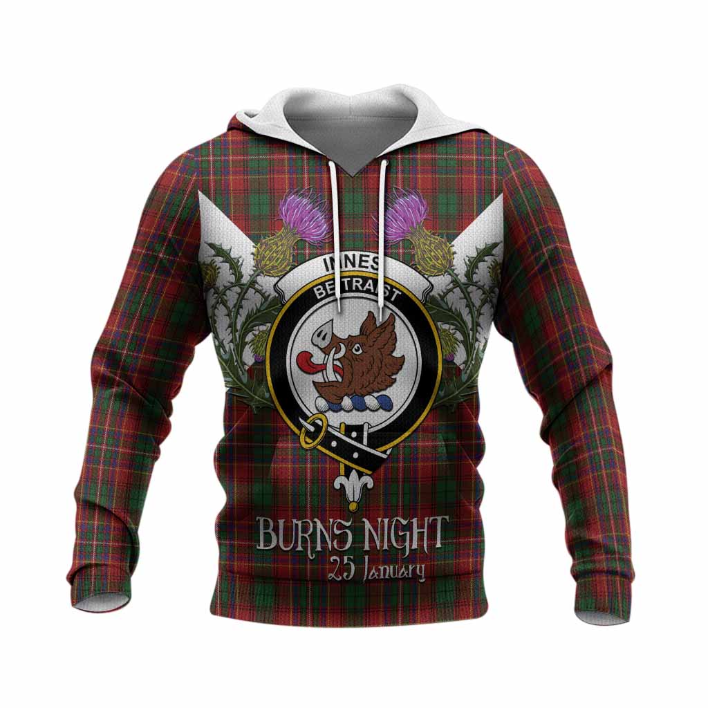 Innes Tartan Family Crest Knitted Hoodie Scottish Burns Night Thistle Floral