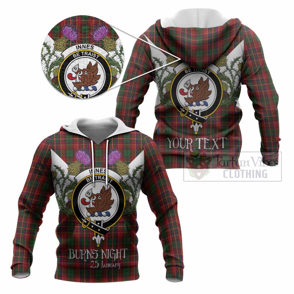 Innes Tartan Family Crest Knitted Hoodie Scottish Burns Night Thistle Floral