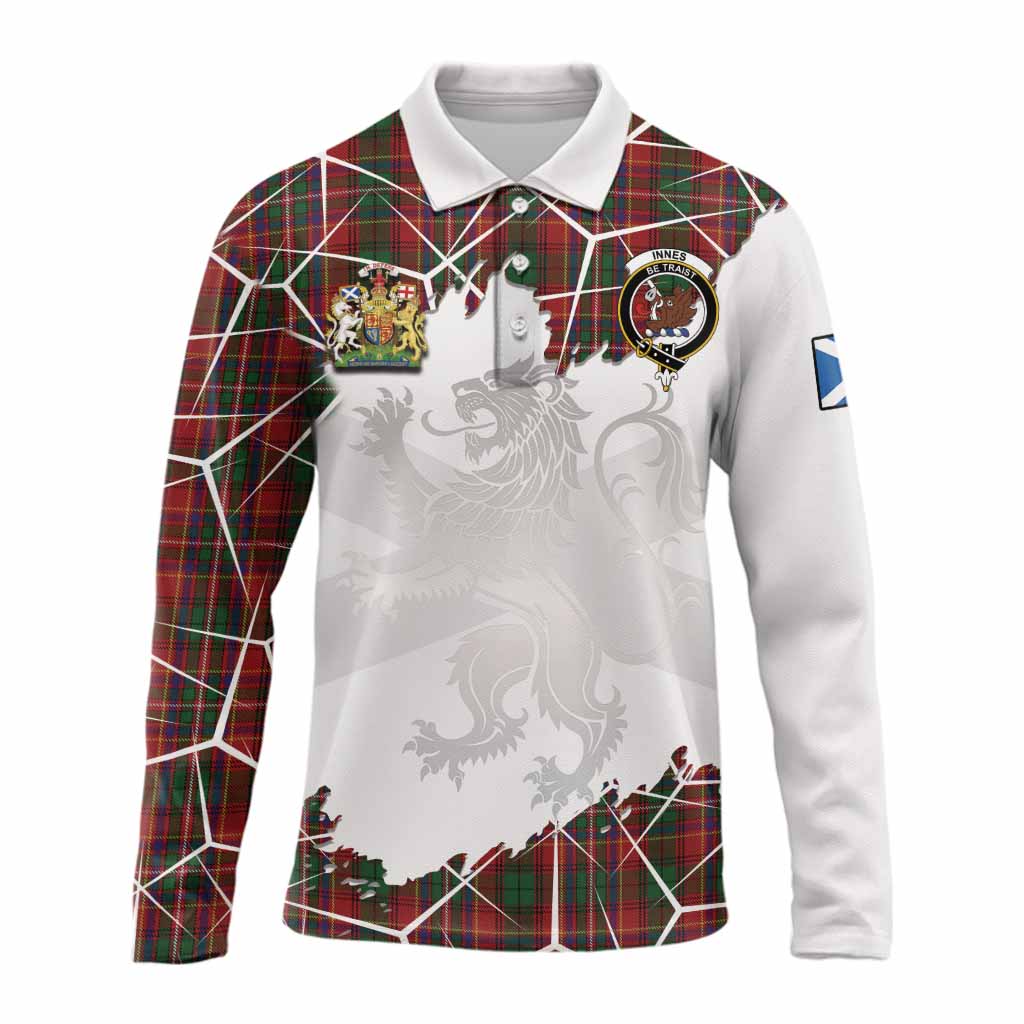 Innes Tartan Long Sleeve Polo Shirt with Family Crest and Lion Rampant Grunge Style