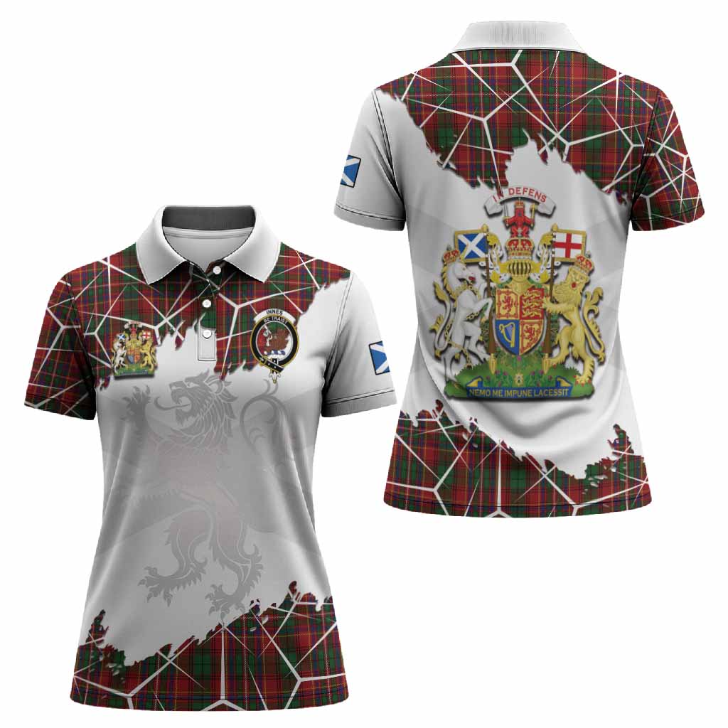Innes Tartan Women Polo Shirt with Family Crest and Lion Rampant Grunge Style