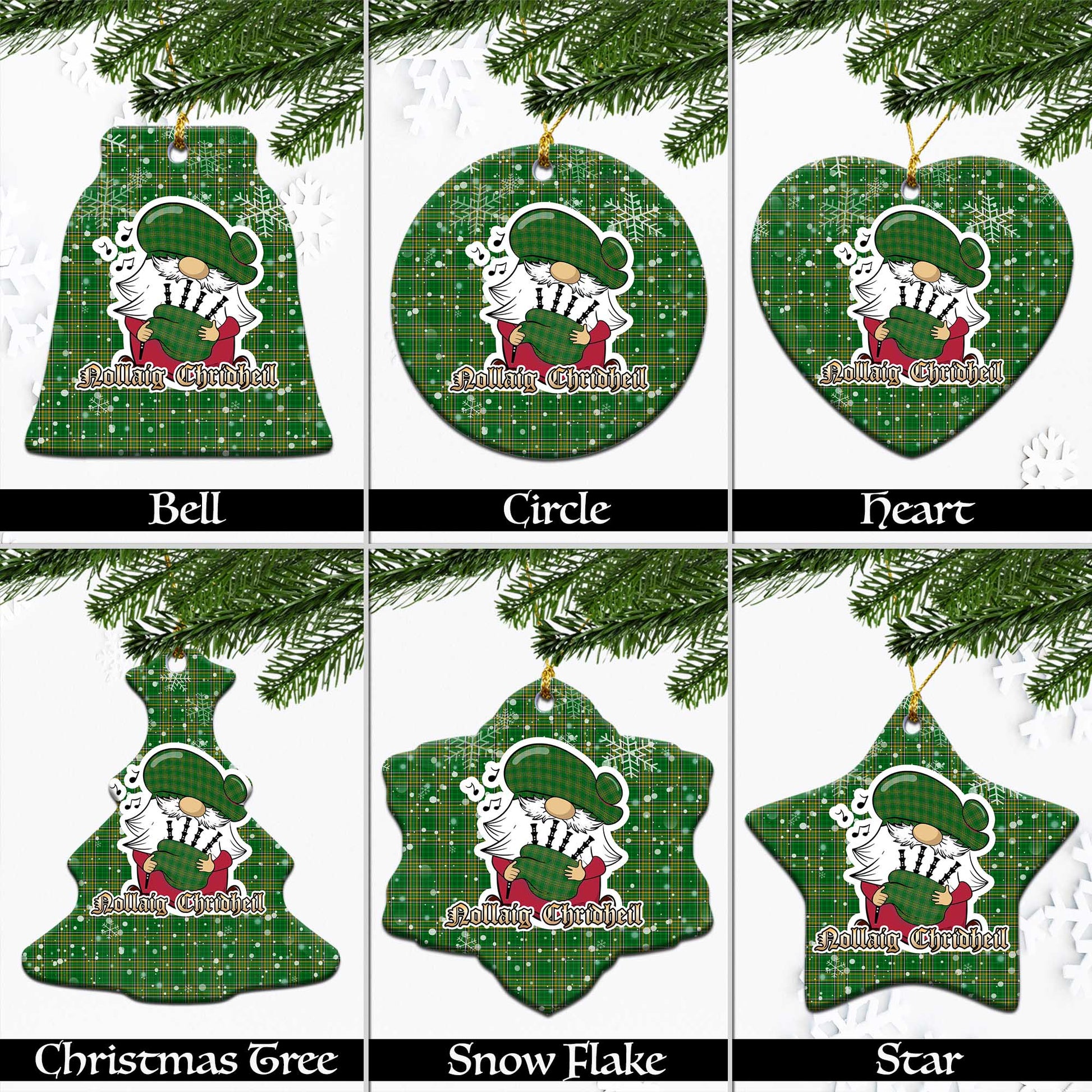 Ireland National Tartan Christmas Ornaments with Scottish Gnome Playing Bagpipes Ceramic - Tartanvibesclothing