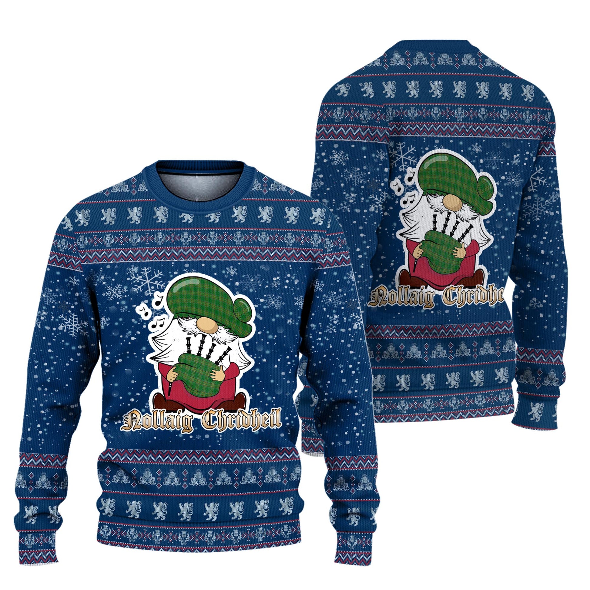 Ireland National Clan Christmas Family Knitted Sweater with Funny Gnome Playing Bagpipes Unisex Blue - Tartanvibesclothing
