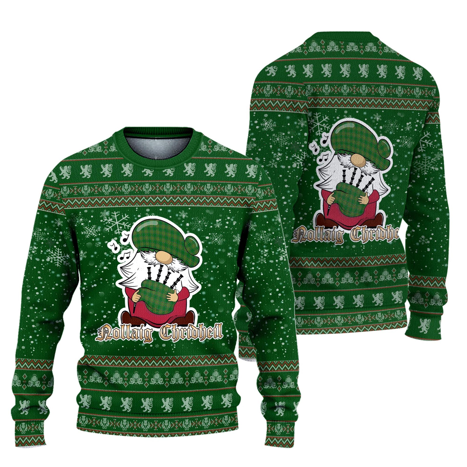 Ireland National Clan Christmas Family Knitted Sweater with Funny Gnome Playing Bagpipes Unisex Green - Tartanvibesclothing