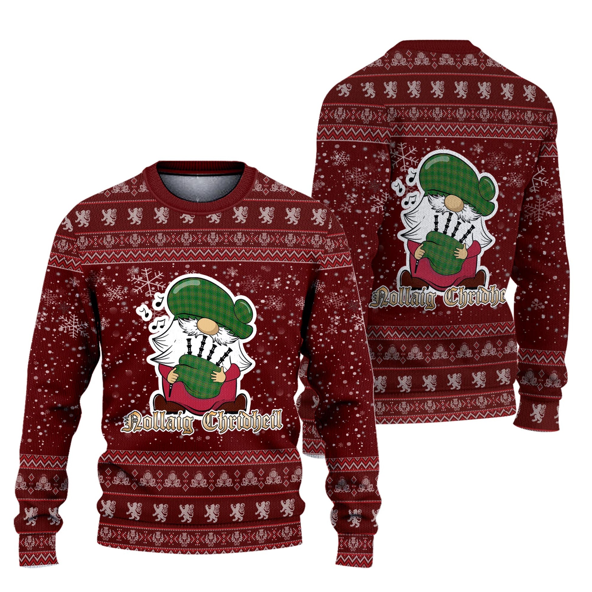 Ireland National Clan Christmas Family Knitted Sweater with Funny Gnome Playing Bagpipes Unisex Red - Tartanvibesclothing