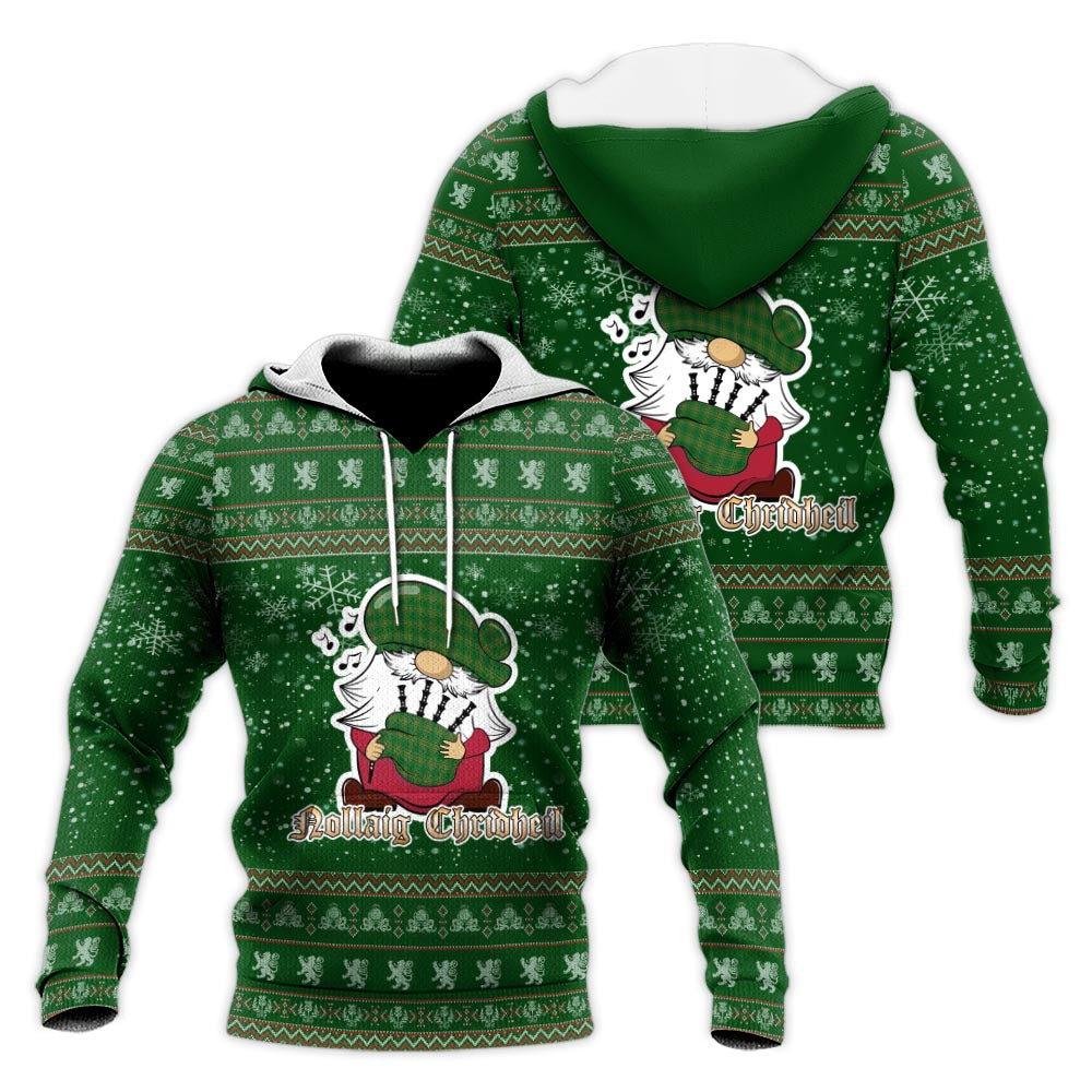 Ireland National Clan Christmas Knitted Hoodie with Funny Gnome Playing Bagpipes Green - Tartanvibesclothing