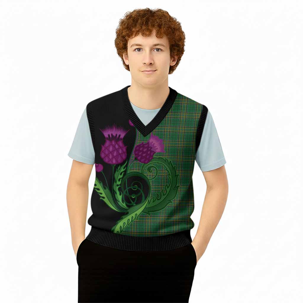 Ireland National Tartan Knitted V-Neck Vest Traditional Scottish Thistle