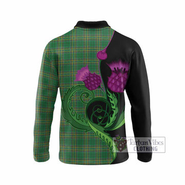 Ireland National Tartan Long Sleeve Polo Shirt Traditional Scottish Thistle
