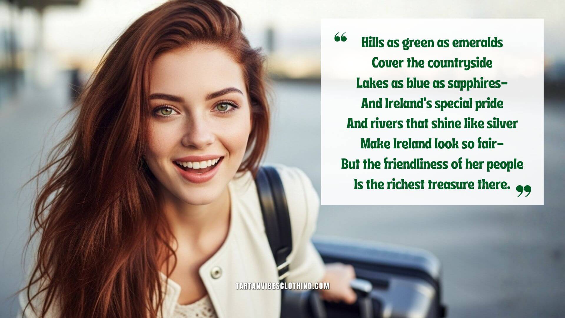Smiling woman with luggage beside an Irish travel blessing.