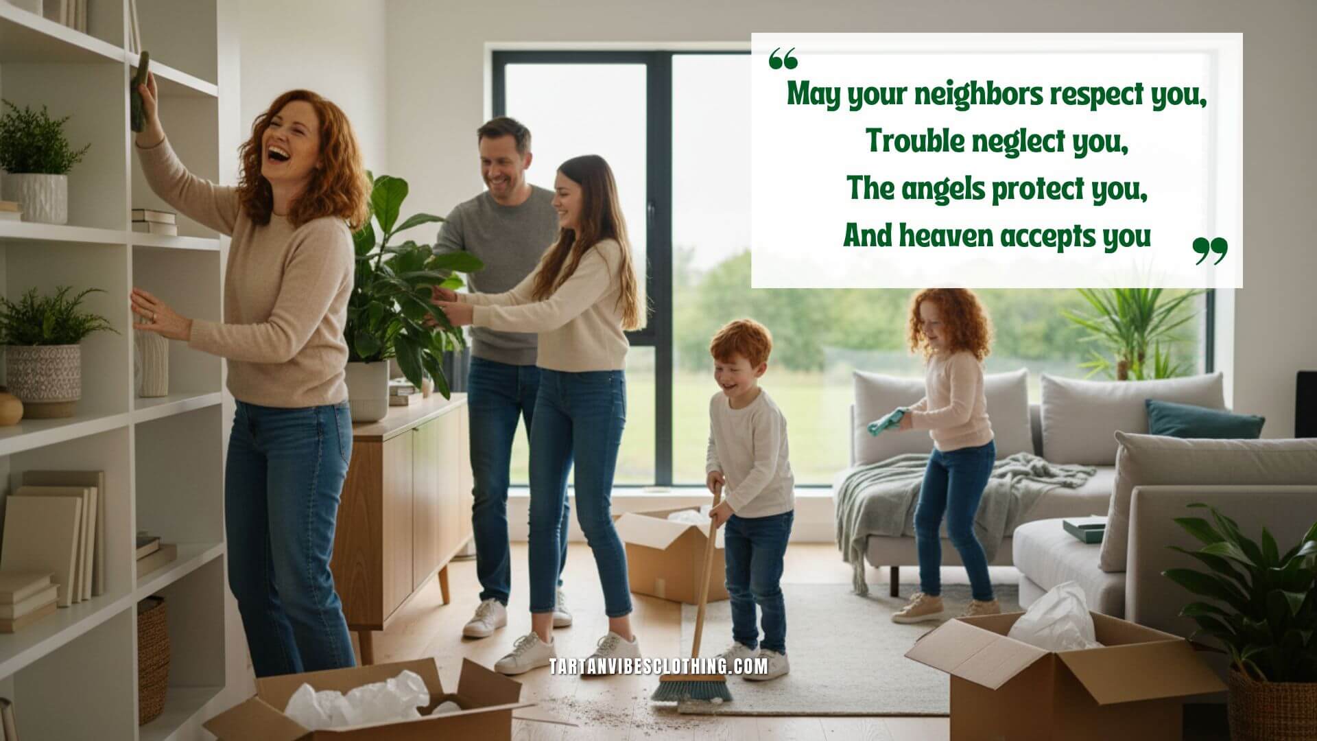 Family unpacking and cleaning their new home beside an Irish house blessing.