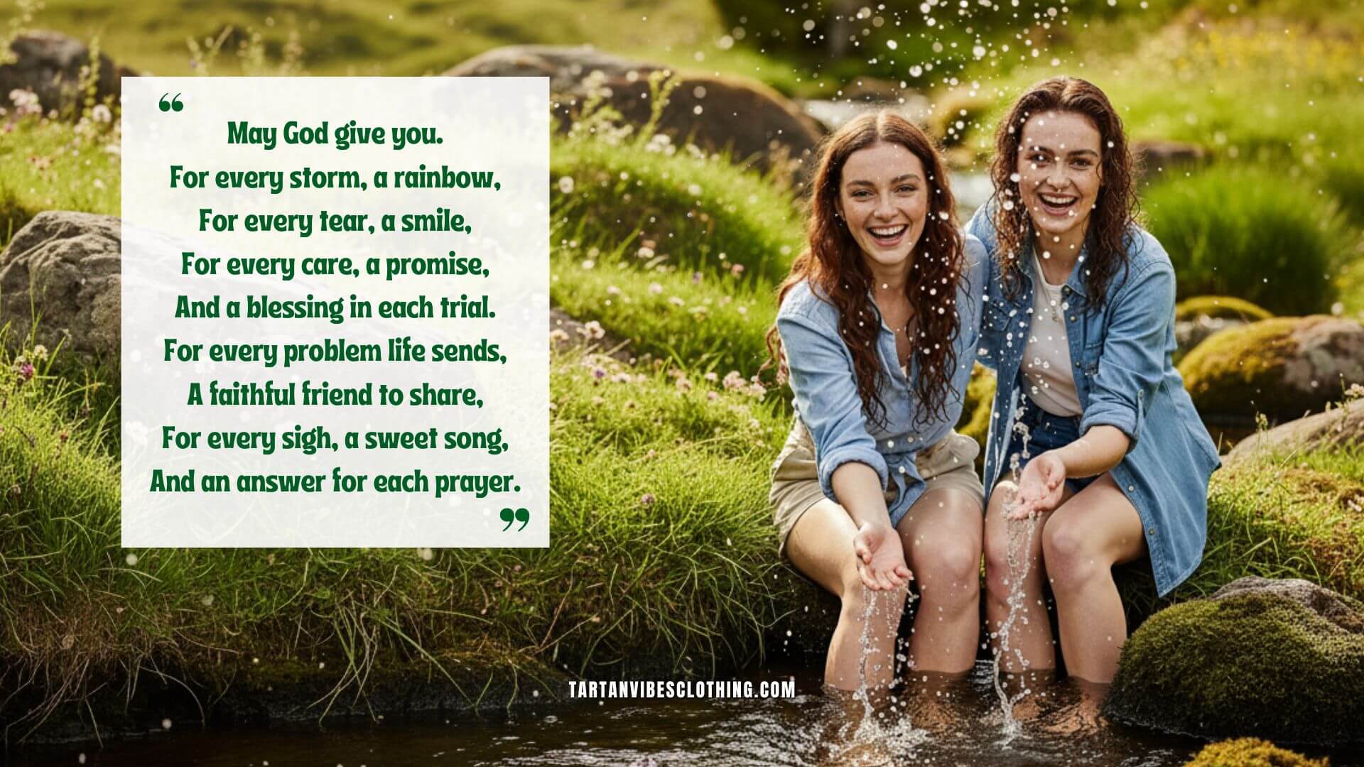 Two friends laughing by a stream beside an Irish friendship blessing.