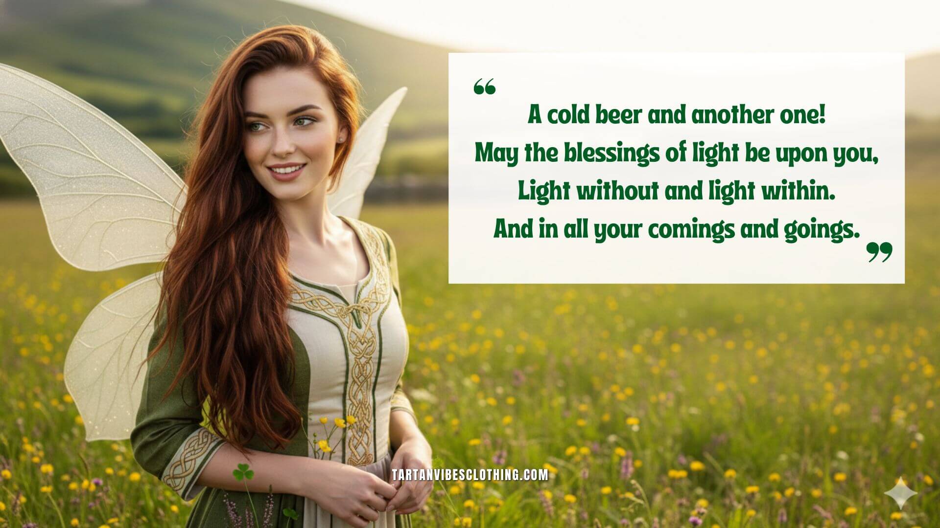 Woman dressed as a fairy in a meadow beside an Irish blessing quote.