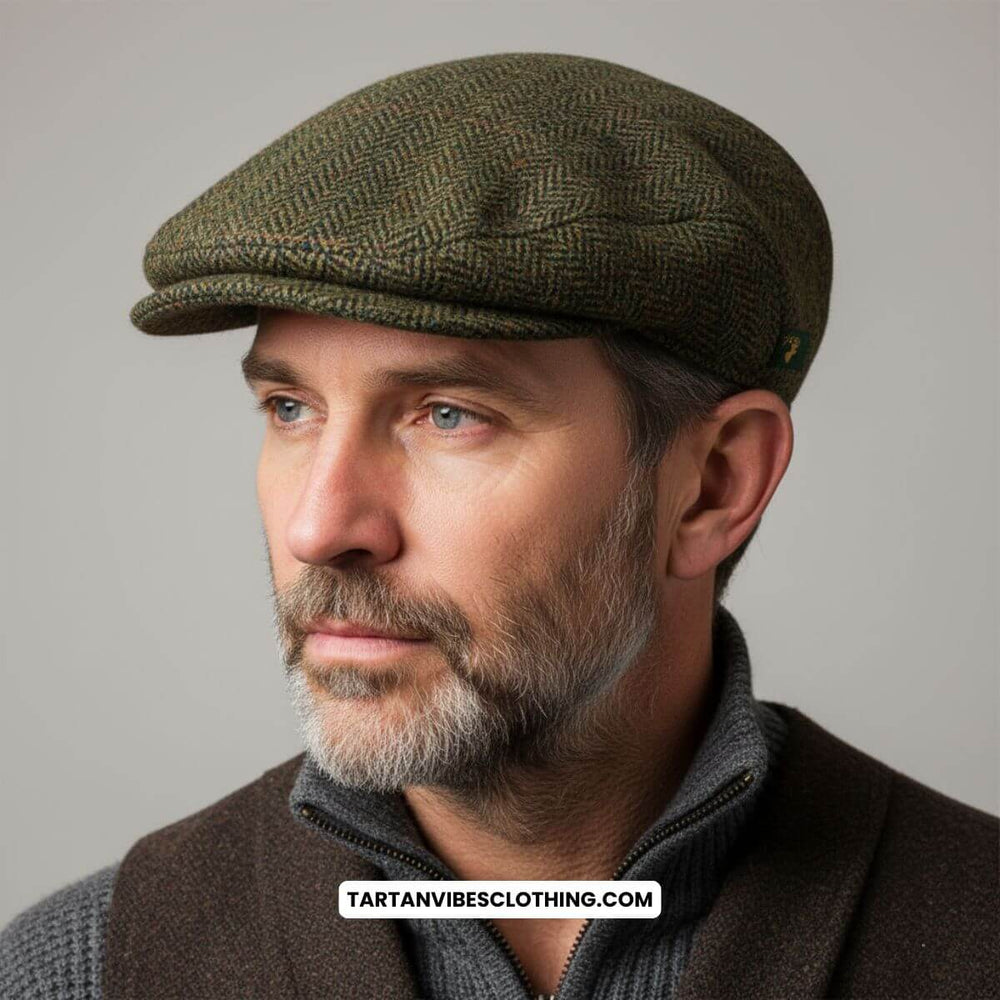 Man wearing an olive green Irish flat cap made of herringbone tweed