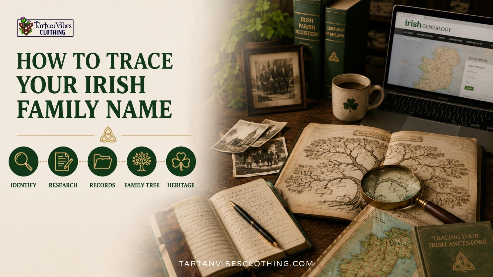Irish genealogy research using historical records, maps, and family tree documents
