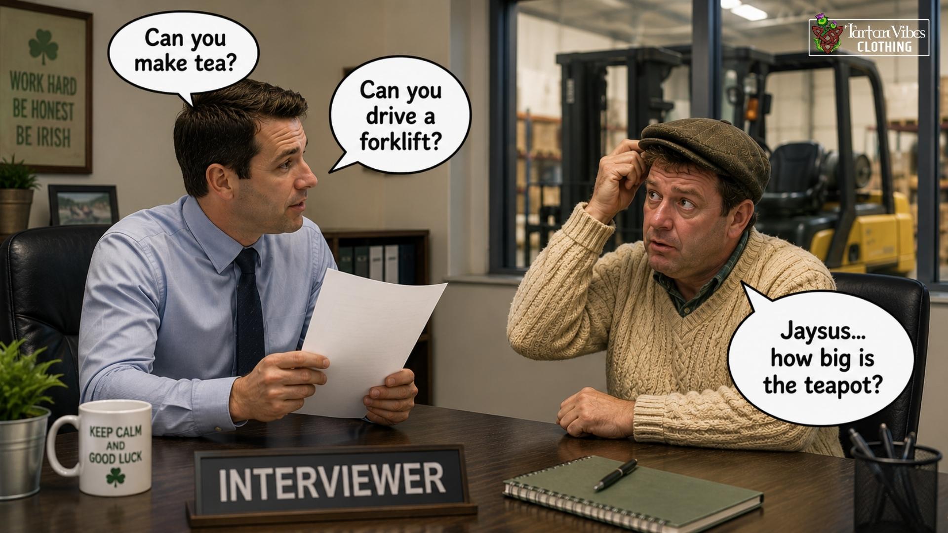 Irish job interview joke with Paddy misunderstanding a teapot question