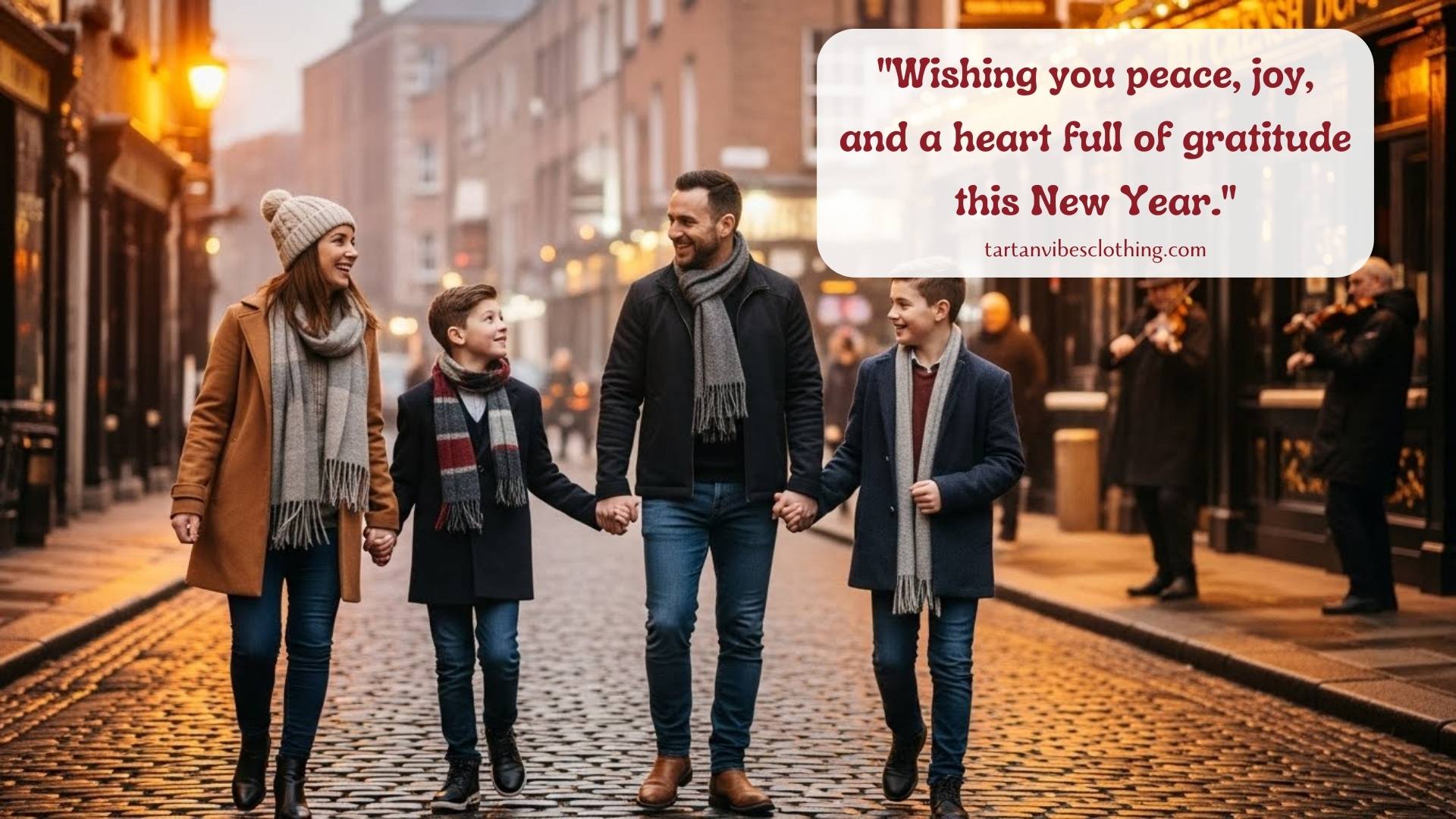 Family walking hand in hand down a cobblestone street decorated with warm evening lights.