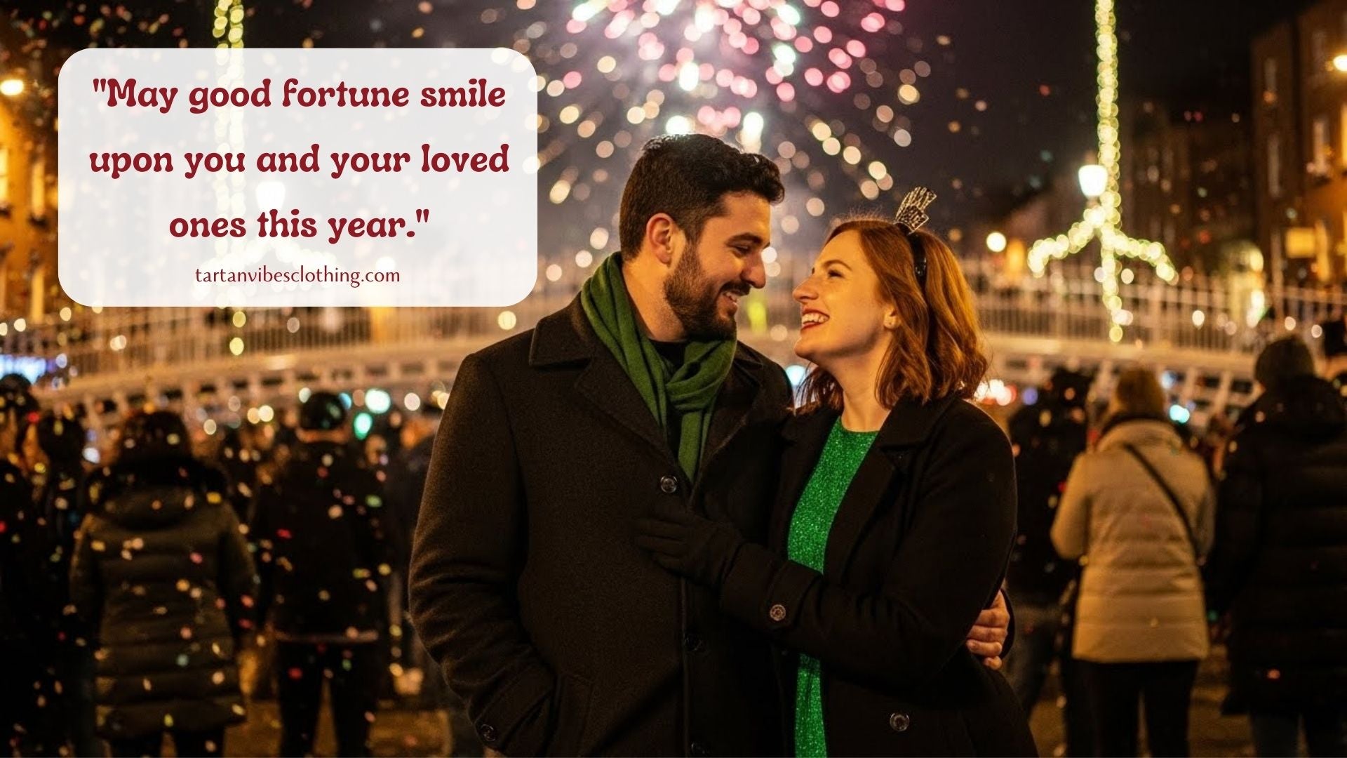 Man and woman standing close together during a nighttime celebration with fireworks overhead.