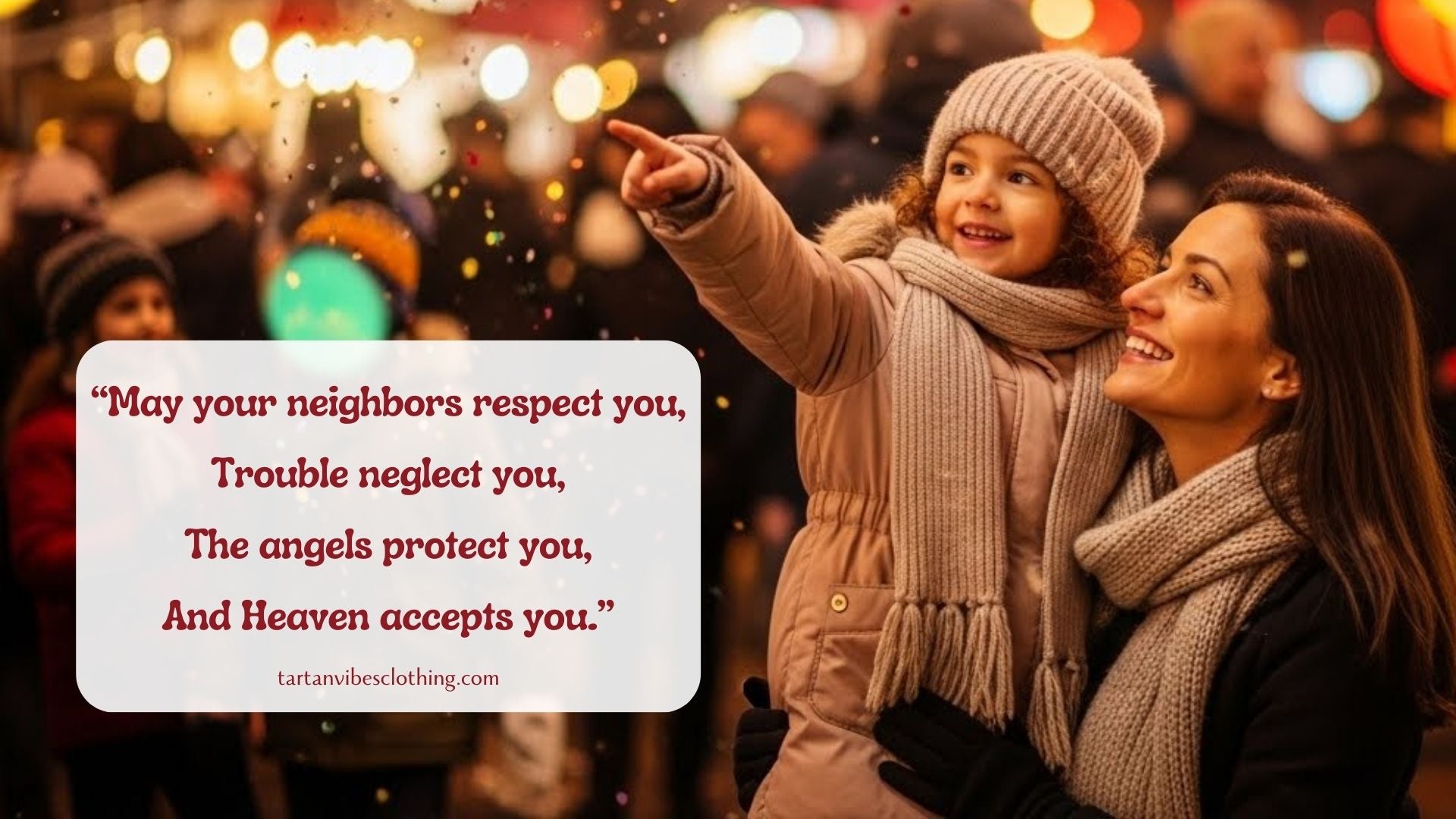  Mother and daughter smiling together in a lively night market decorated with warm lights.