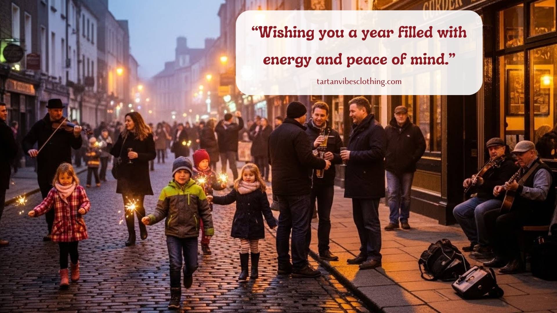 Kids carrying small torches among a crowd gathered on a decorated evening street.