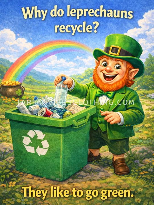 Funny leprechaun recycling with green bin – St. Patrick’s Day eco joke illustration