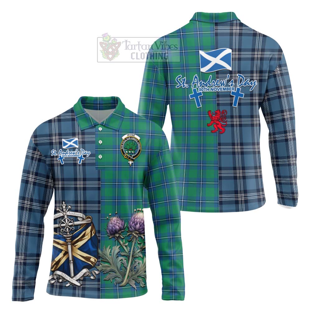 Tartan Vibes Clothing Irvine Tartan Long Sleeve Polo Shirt Happy St. Andrew's Day Half Tartan Style