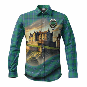 Tartan Vibes Clothing Irvine Tartan Family Crest Long Sleeve Button Shirt with Scottish Ancient Castle Style
