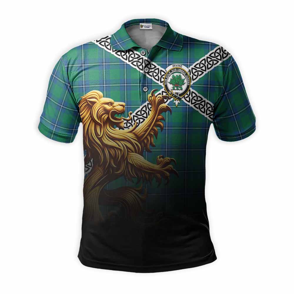 Tartan Vibes Clothing Irvine Crest Tartan Polo Shirt with Golden Lion Emblem Celtic Style