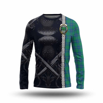 Irvine Tartan Long Sleeve T-Shirt with Family Crest Cross Sword Thistle Celtic Vibes