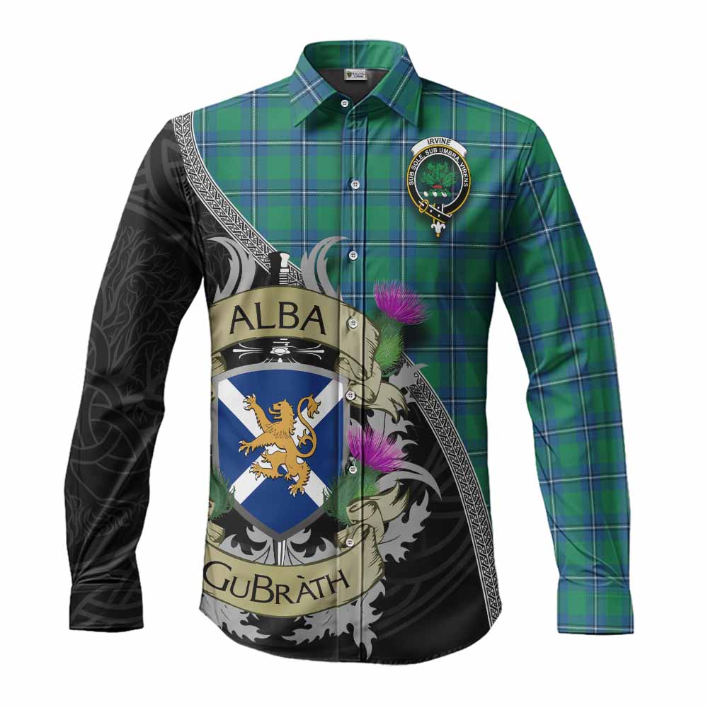 Tartan Vibes Clothing Irvine Tartan Family Crest Long Sleeve Button Shirt Lion Rampant Royal Thistle Shield Celtic Inspired