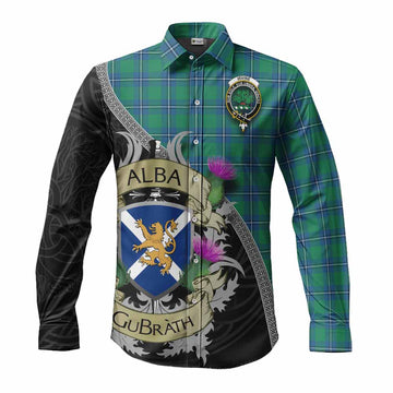 Tartan Vibes Clothing Irvine Tartan Family Crest Long Sleeve Button Shirt Lion Rampant Royal Thistle Shield Celtic Inspired