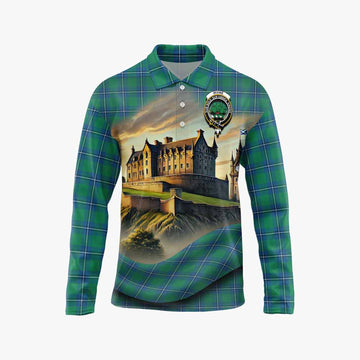 Tartan Vibes Clothing Irvine Tartan Family Crest Long Sleeve Polo Shirt with Scottish Ancient Castle Style