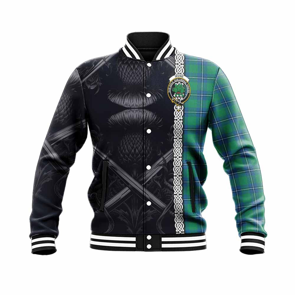 Tartan Vibes Clothing Irvine Tartan Baseball Jacket with Family Crest Cross Sword Thistle Celtic Vibes