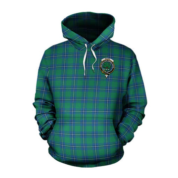 Tartan Vibes Clothing Irvine Tartan Cotton Hoodie with Family Crest and Bearded Skull Holding Bottles of Whiskey