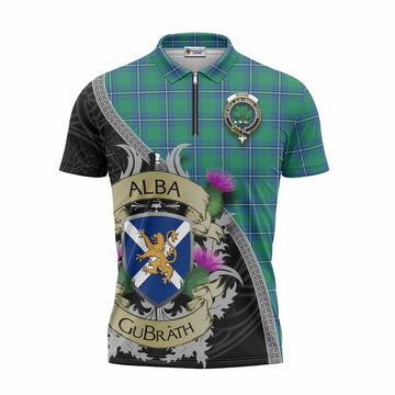 Irvine Tartan Family Crest Zipper Polo Shirt Lion Rampant Royal Thistle Shield Celtic Inspired