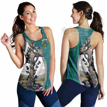 Tartan Vibes Clothing Irvine Tartan Women's Racerback Tanks with Family Crest and St. Andrew's Cross Accented by Thistle Vines