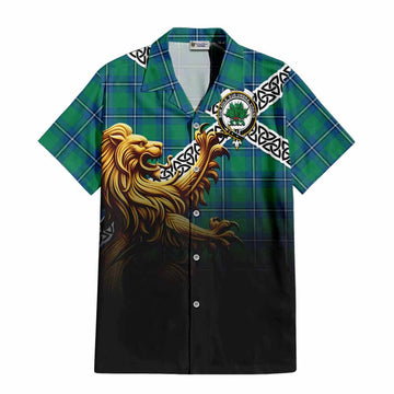 Irvine Crest Tartan Hawaiian Shirt with Golden Lion Emblem Celtic Style