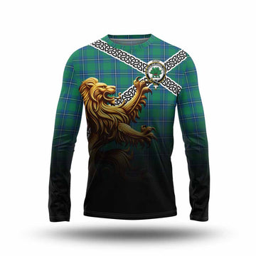 Irvine Crest Tartan Long Sleeve T-Shirt with Golden Lion Emblem Celtic Style