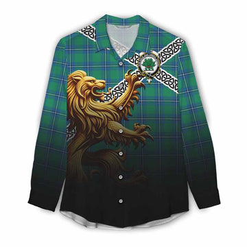 Tartan Vibes Clothing Irvine Crest Tartan Women's Casual Shirt with Golden Lion Emblem Celtic Style