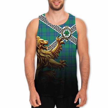 Tartan Vibes Clothing Irvine Crest Tartan Men's Tank Top with Golden Lion Emblem Celtic Style