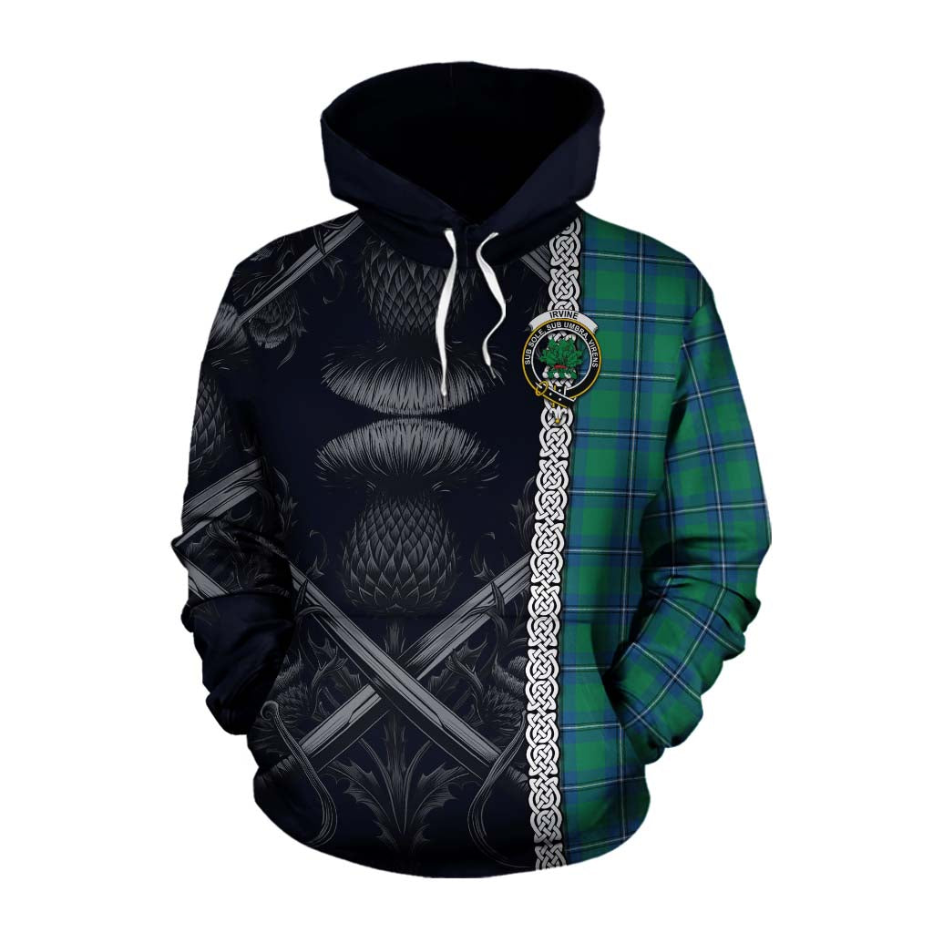 Tartan Vibes Clothing Irvine Tartan Cotton Hoodie with Family Crest Cross Sword Thistle Celtic Vibes