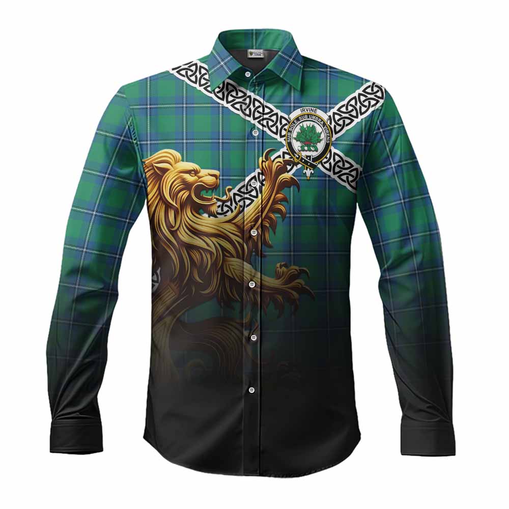 Tartan Vibes Clothing Irvine Crest Tartan Long Sleeve Button Shirt with Golden Lion Emblem Celtic Style