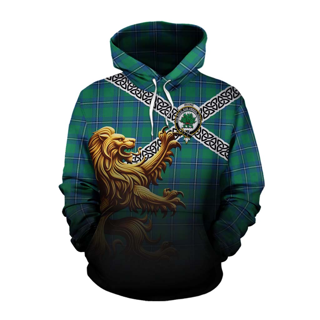 Tartan Vibes Clothing Irvine Crest Tartan Cotton Hoodie with Golden Lion Emblem Celtic Style