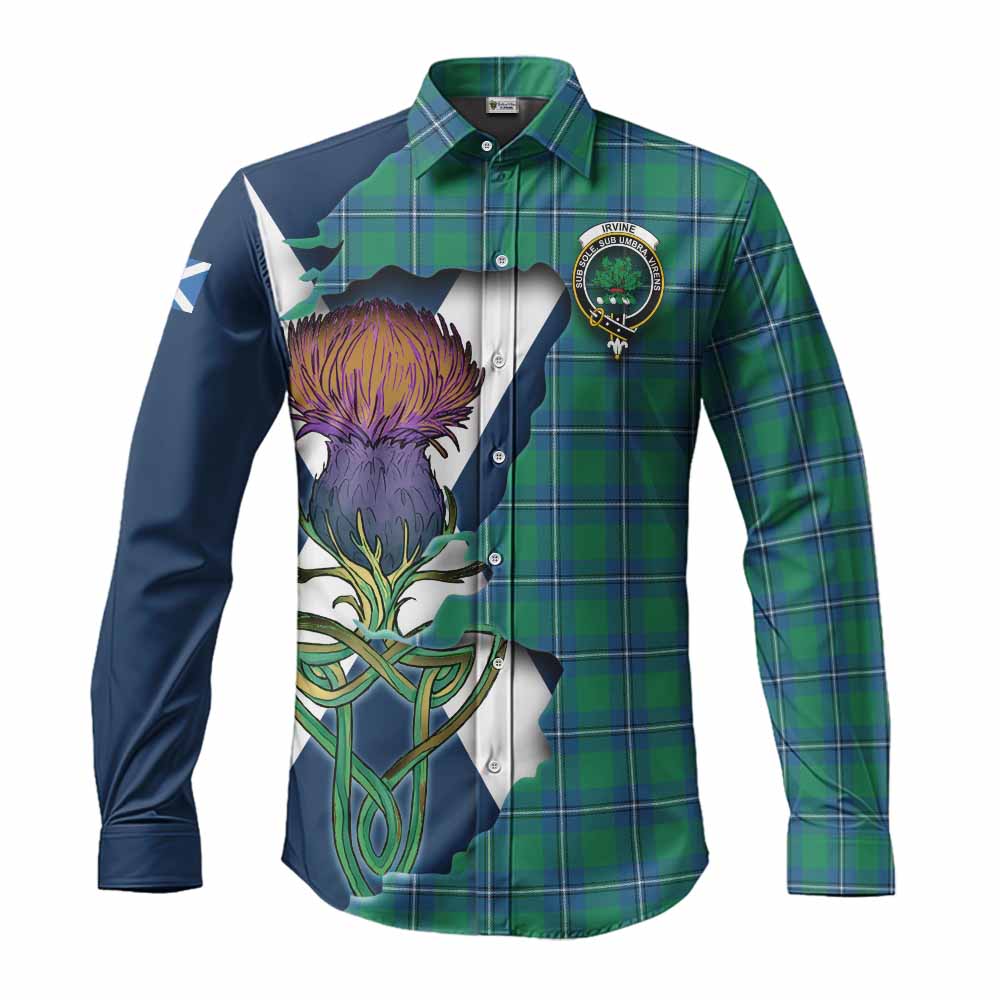 Tartan Vibes Clothing Irvine Tartan Family Crest Long Sleeve Button Shirt Scottish Thistle Celtic Inspired