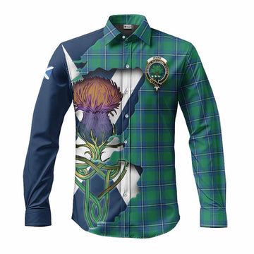 Tartan Vibes Clothing Irvine Tartan Family Crest Long Sleeve Button Shirt Scottish Thistle Celtic Inspired
